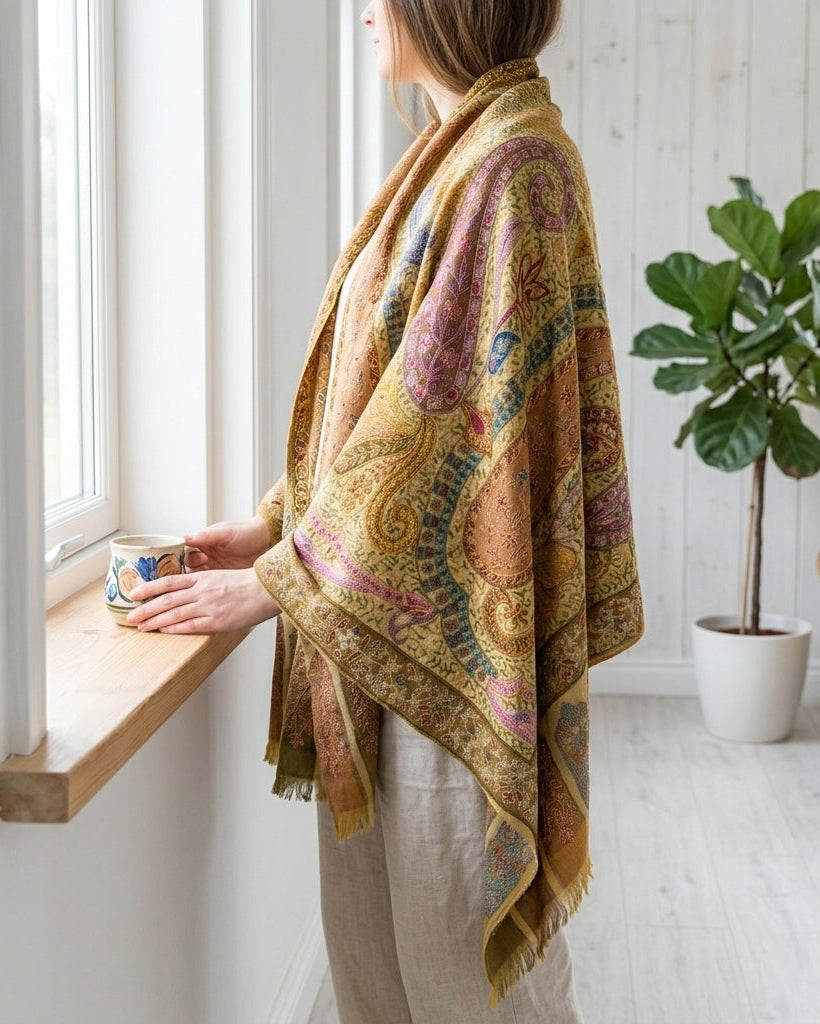 Woman standing by a window wearing a patterned shawl in a bright room with a plant and chair.
