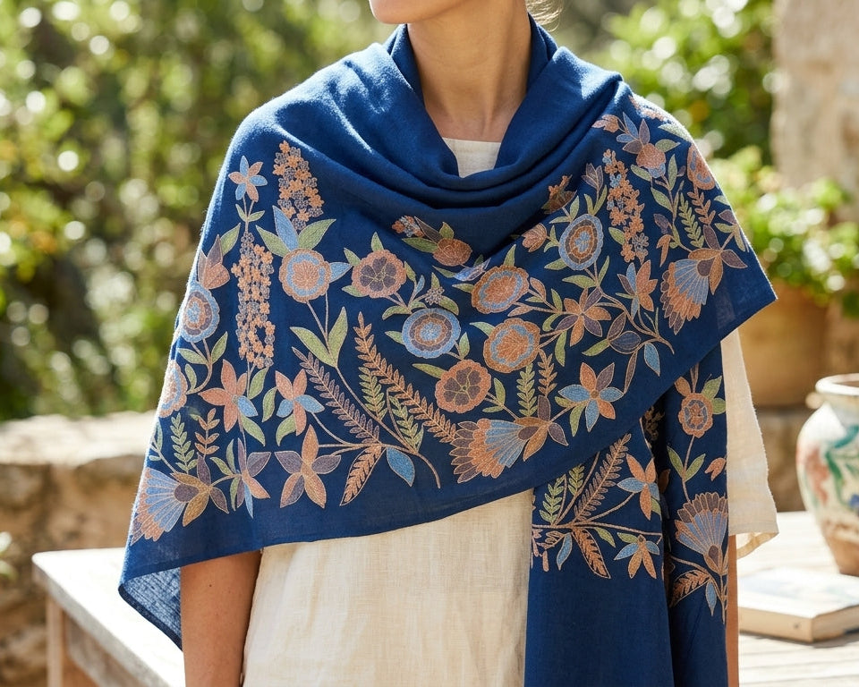 Person wearing a blue floral patterned shawl outdoors with greenery and a stone wall in the background.