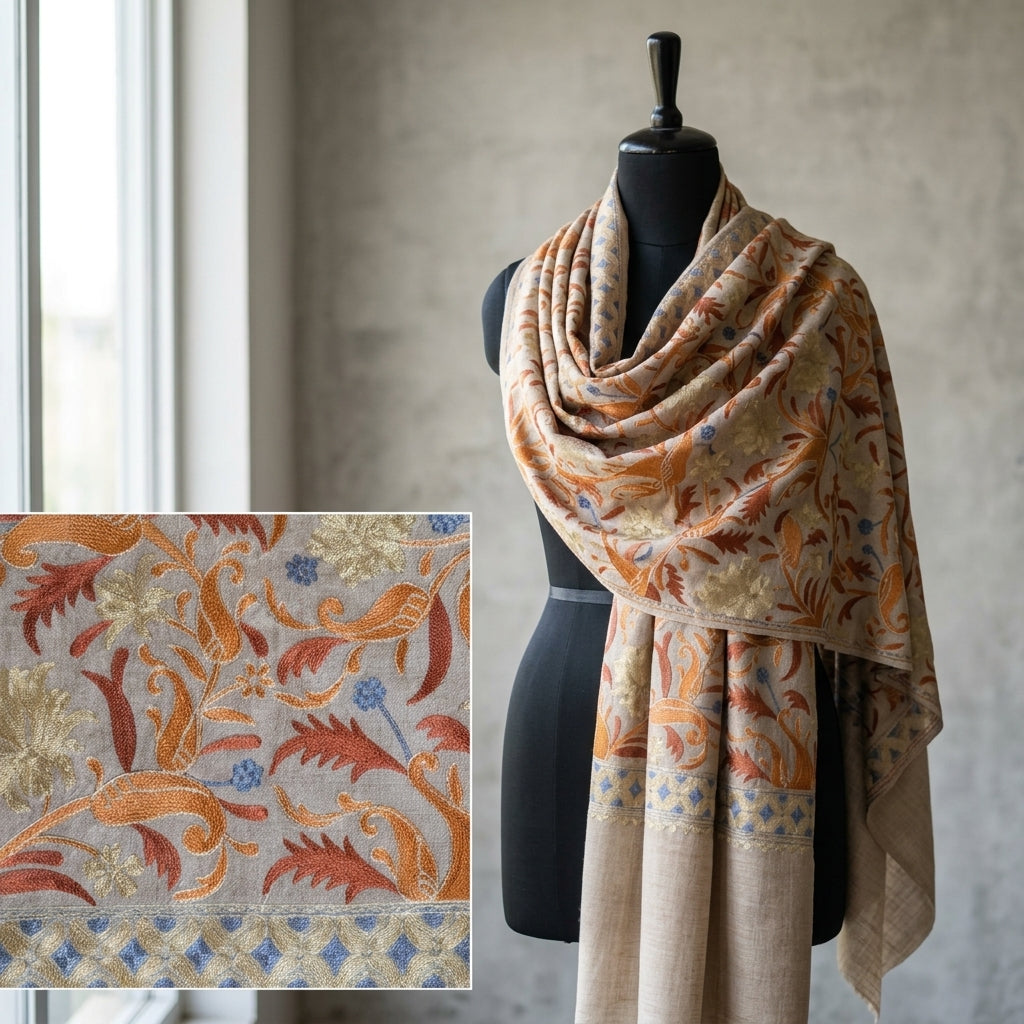Heritage Nalki - Fine Cashmere Wool Shawl with Intricate Silk Embroidery
