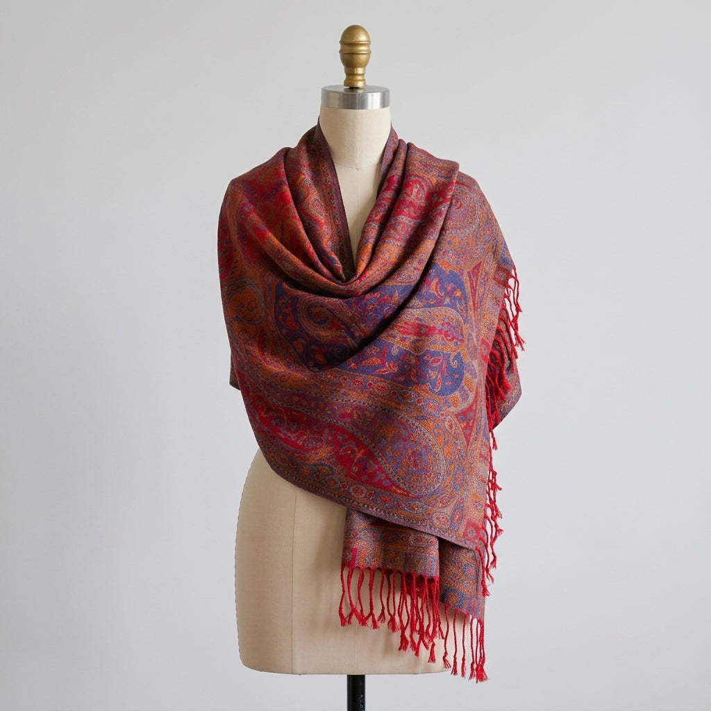 Kashmiri Motif - Reversible Shawl with Intricate Jacquard Kani Weave & Tassels
