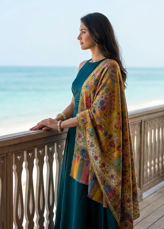 Woman standing on a balcony overlooking the ocean