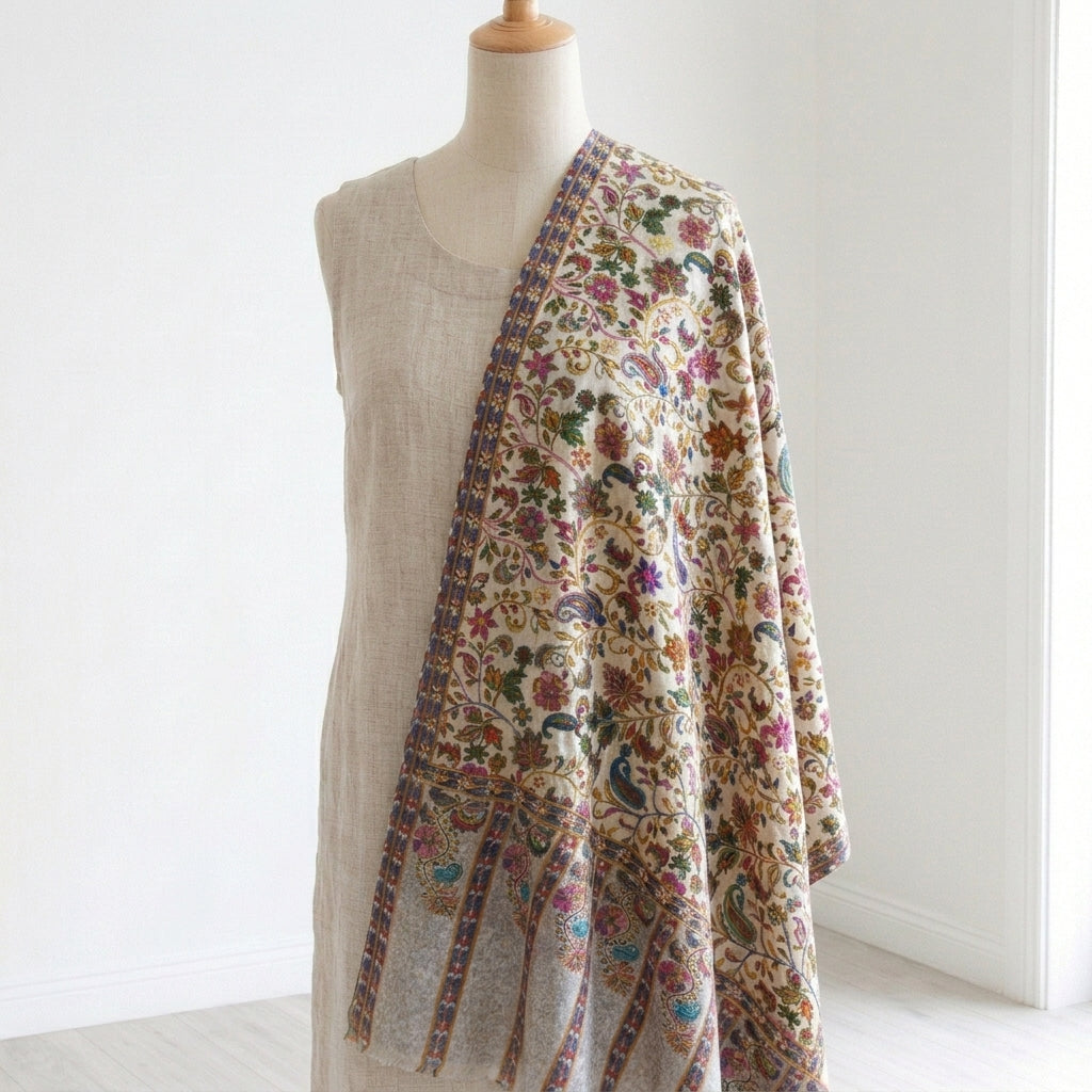 Stunning Kalamkari – Fine Cashmere Wool Shawl with Hand-Block Printing & Embroidery