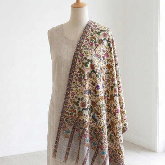 Stunning Kalamkari – Fine Cashmere Wool Shawl with Hand-Block Printing & Embroidery