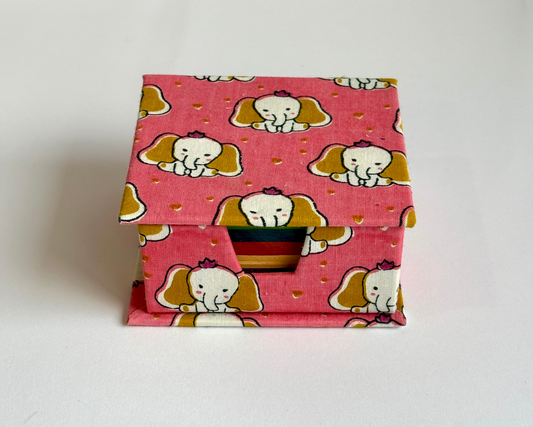 Cute Elefunz Pink - Kids' Fabric Memo Block, Colourful Eco Paper, Box with Lid