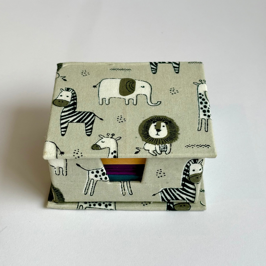 Who's in the Zoo - Kids' Fabric Memo Block, Colourful Eco Paper, Box with Lid