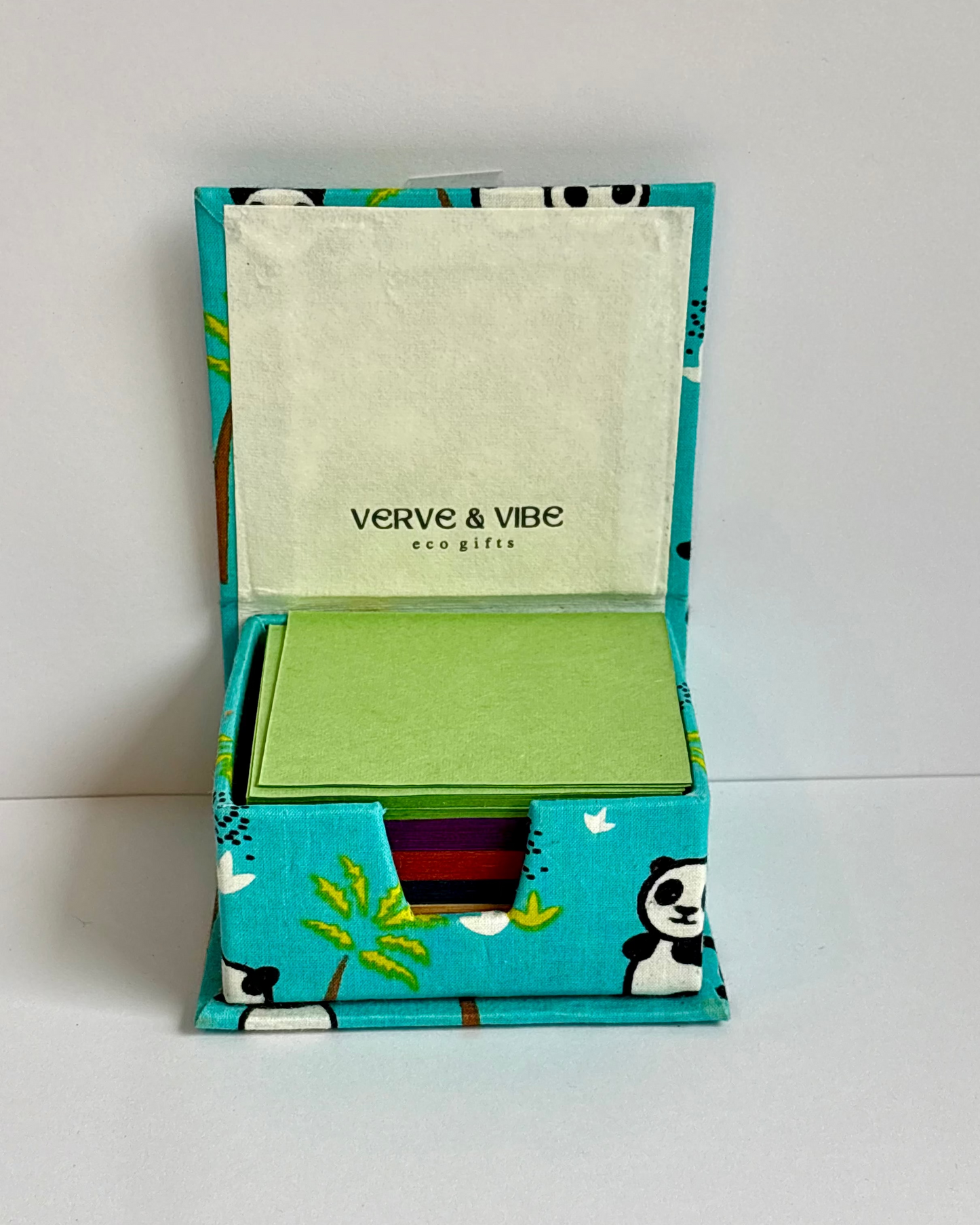 Foldable notepad with green interior and colorful panda design on a blue cover, featuring 'Verve & Vibe' branding.