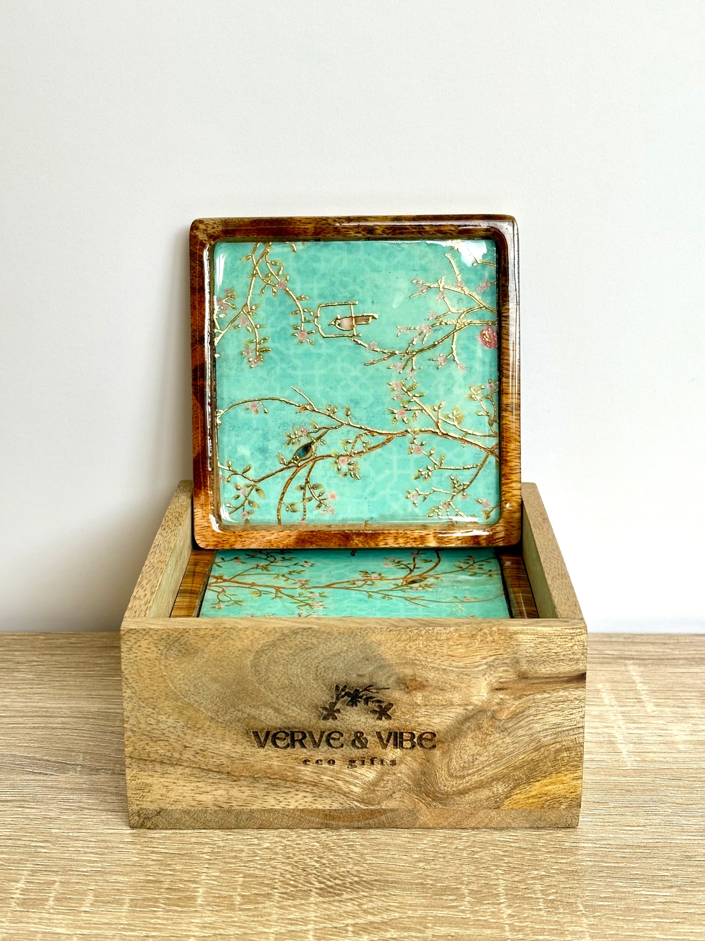Firozi Flora - Wooden Coasters, Set of 4 in Box