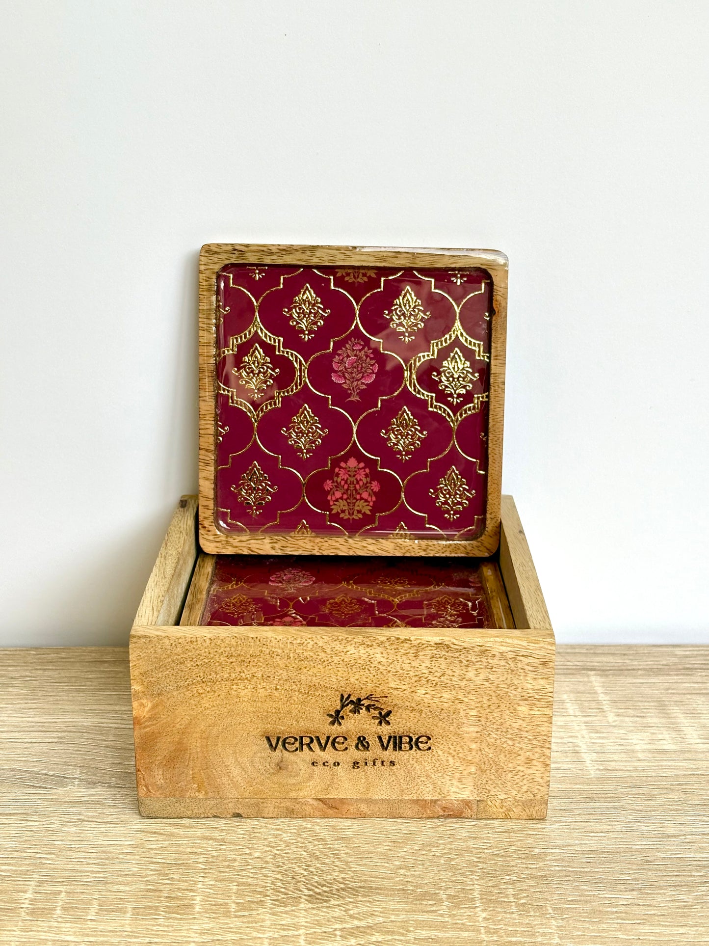 Fuschia Gold - Wooden Coasters, Set of 4 in Box