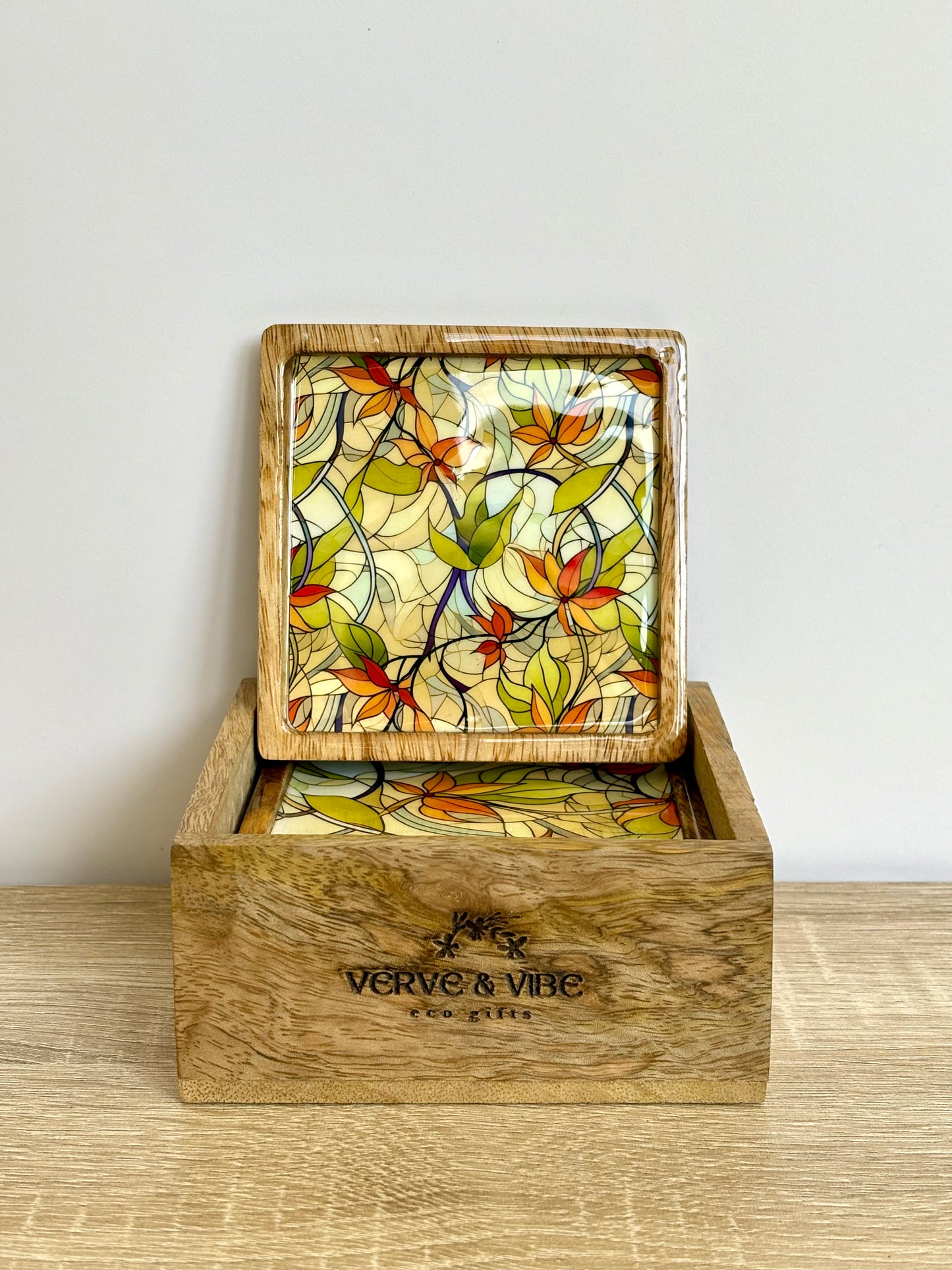 Leafy Orange Lily - Wooden Coasters, Set of 4 in Box