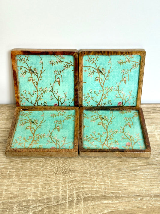 Firozi Flora - Wooden Coasters, Set of 4 in Box