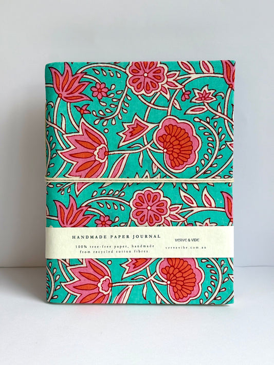 Firozi Flora - Fabric Cover, Handmade Blank Journal
