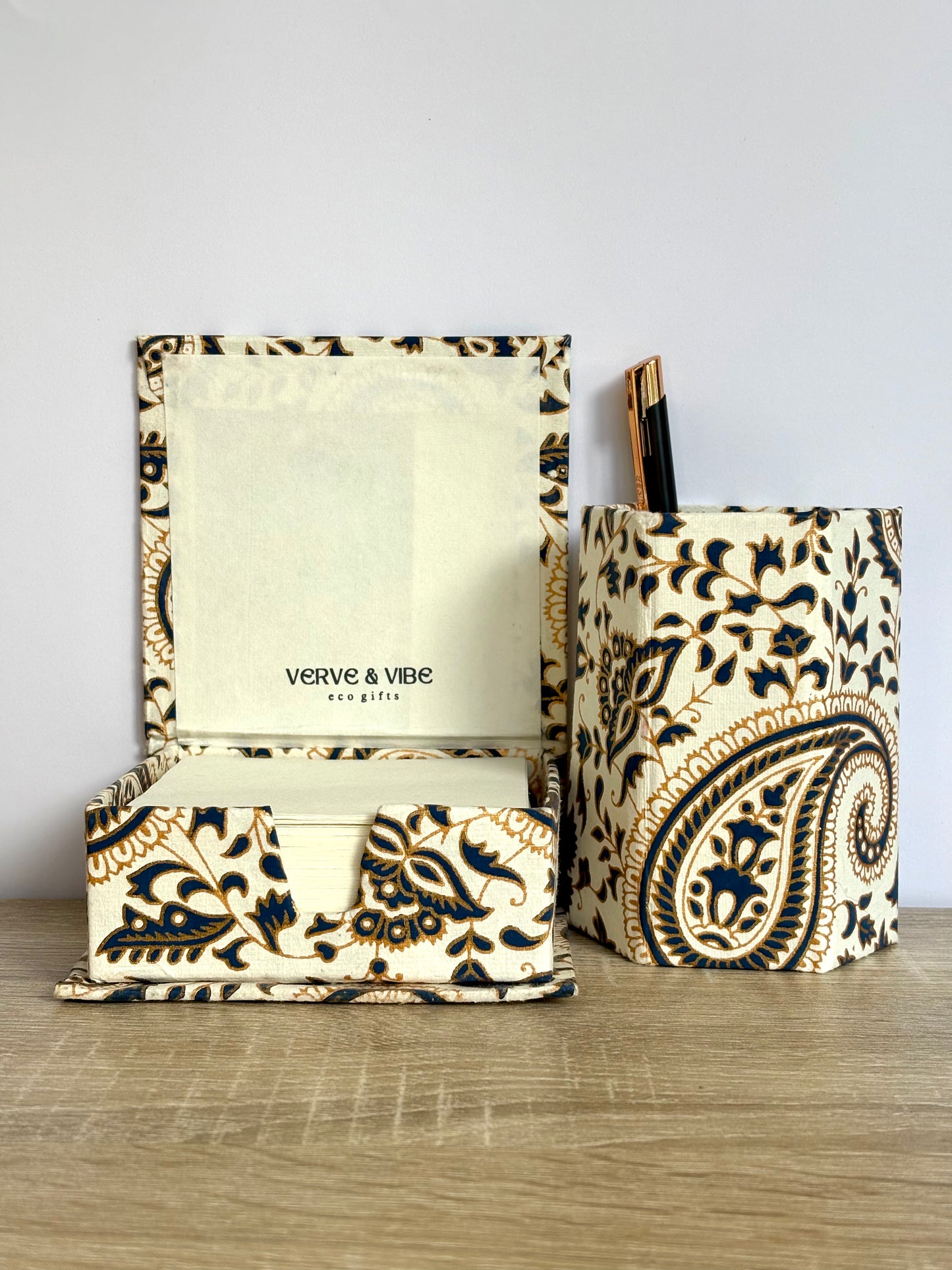 Gold Paisley - Stationery Gift Set, Notepad + Memo Block + Pen Holder with Pen, (Boxed)