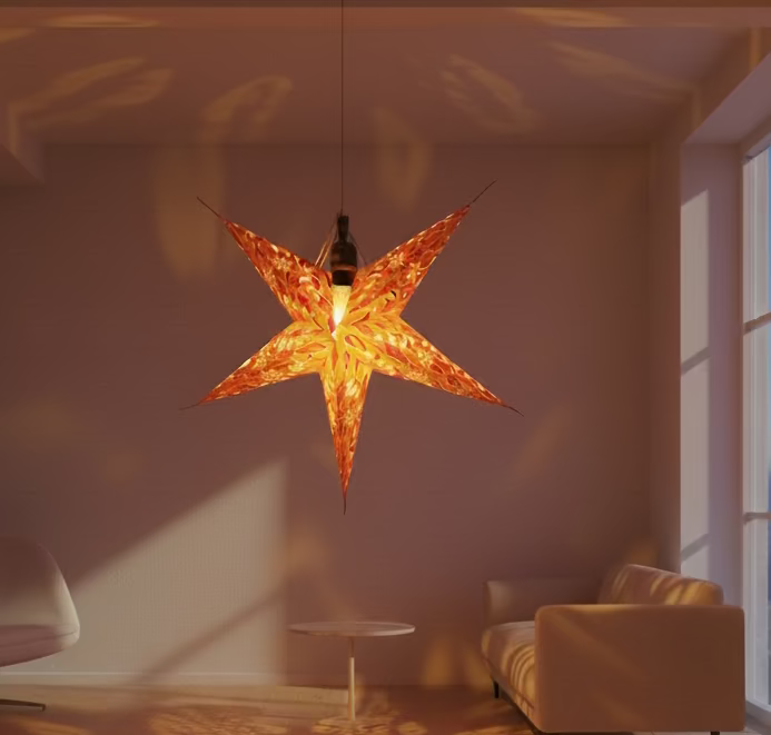 Decorative star-shaped ceiling light fixture in a living room.