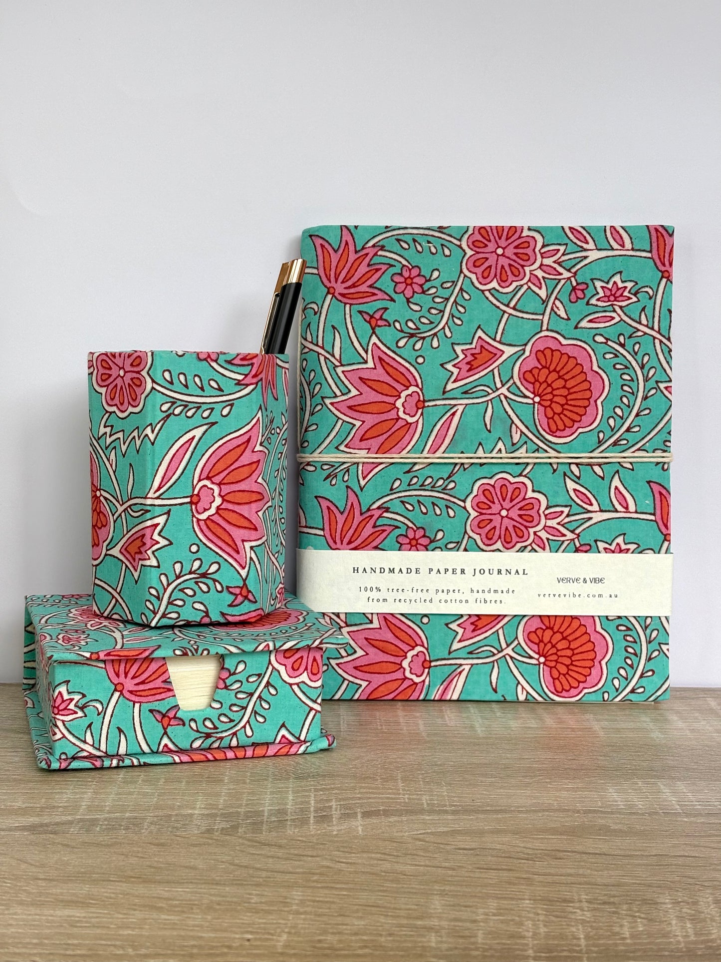 Firozi Flora - Stationery Gift Set, Fabric Journal + Memo Block + Pen Holder with Pen, (Boxed)
