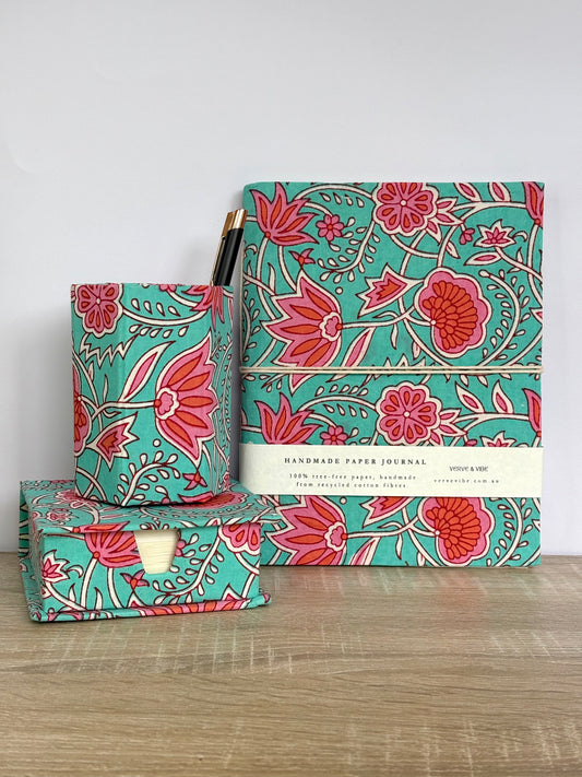 Firozi Flora - Stationery Gift Set, Fabric Journal + Memo Block + Pen Holder with Pen, (Boxed)