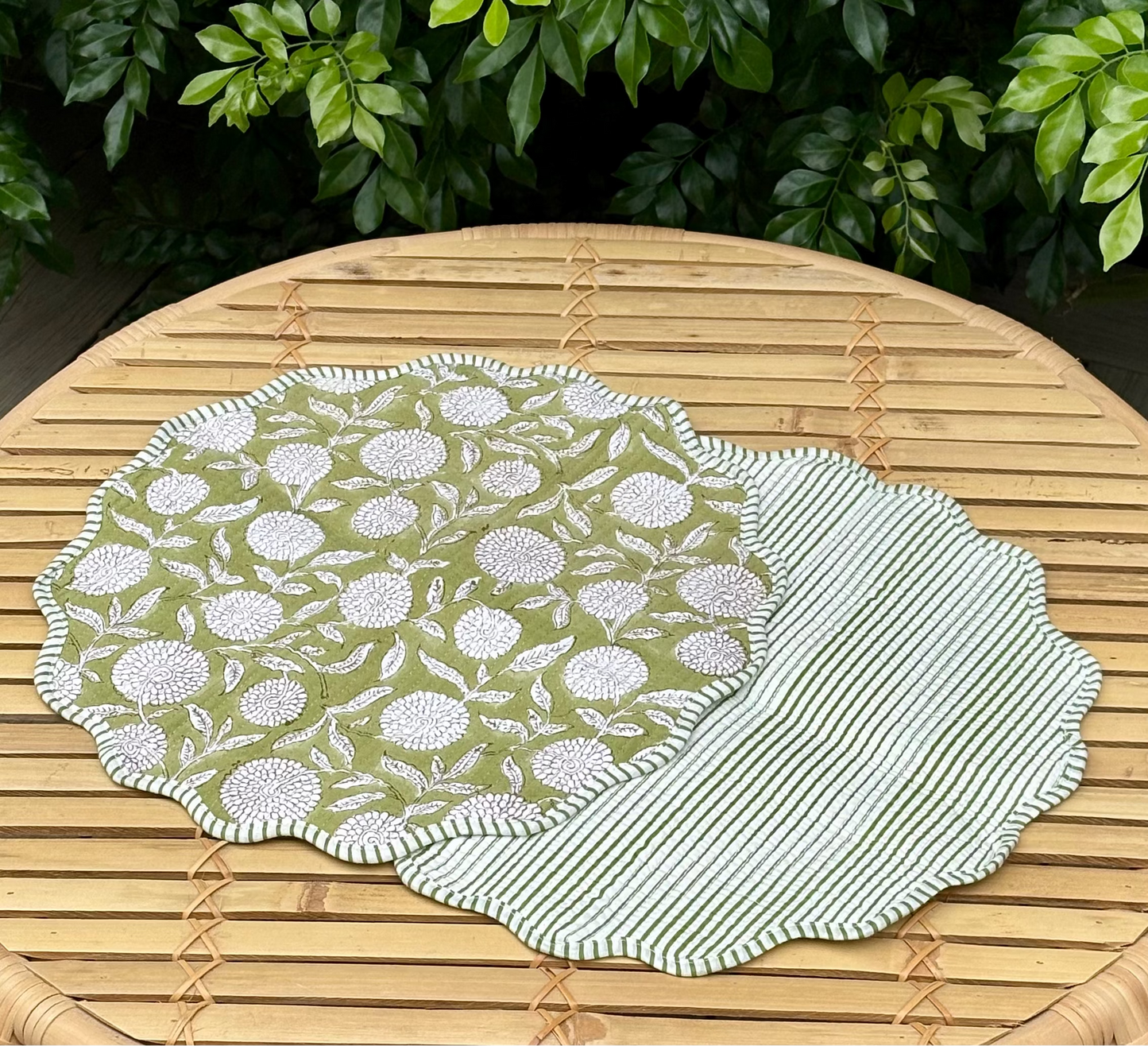 Lime Zest - Block Printed, Reversible, Quilted Cotton Placemats
