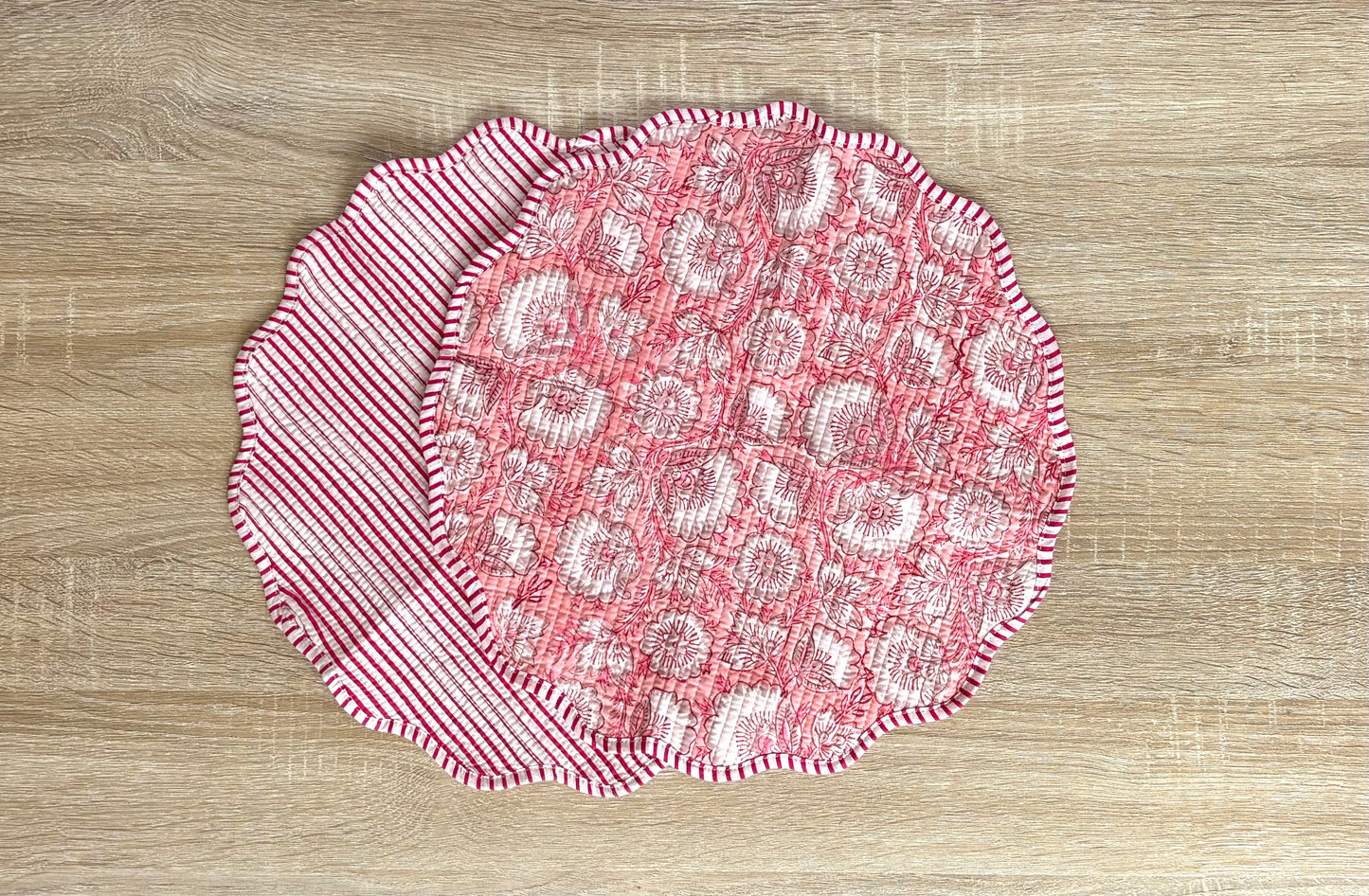 Flamingo Pink - Block Printed, Reversible, Quilted Cotton Placemats