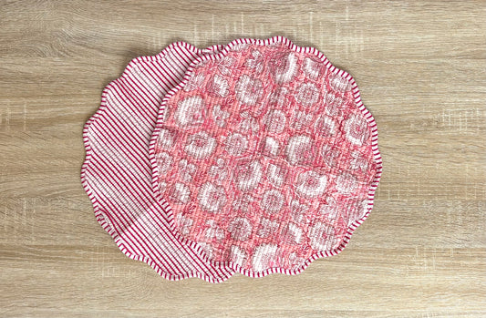 Flamingo Pink - Block Printed, Reversible, Quilted Cotton Placemats