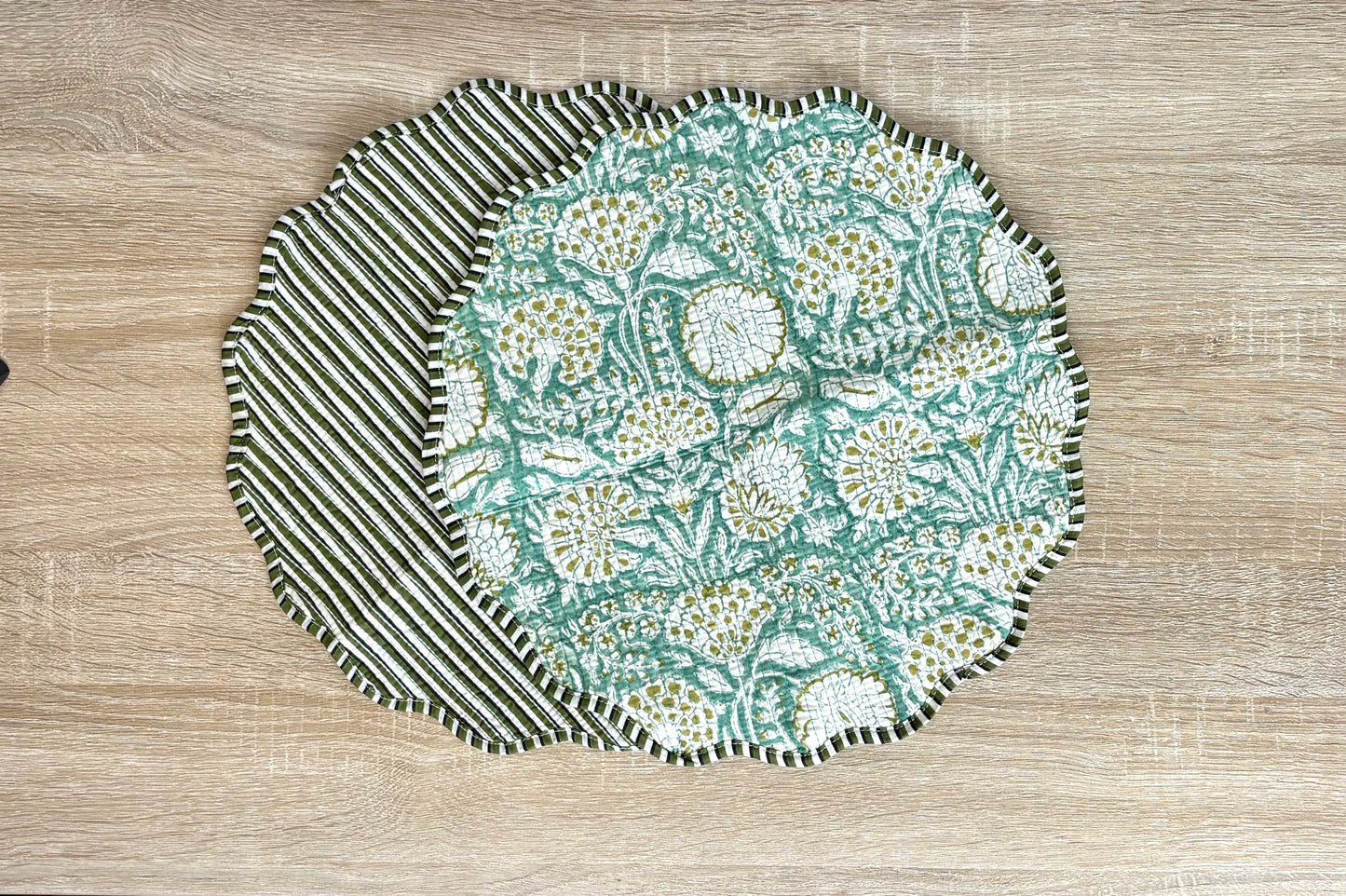 Seafoam Sage - Block Printed, Reversible, Quilted Cotton Placemats