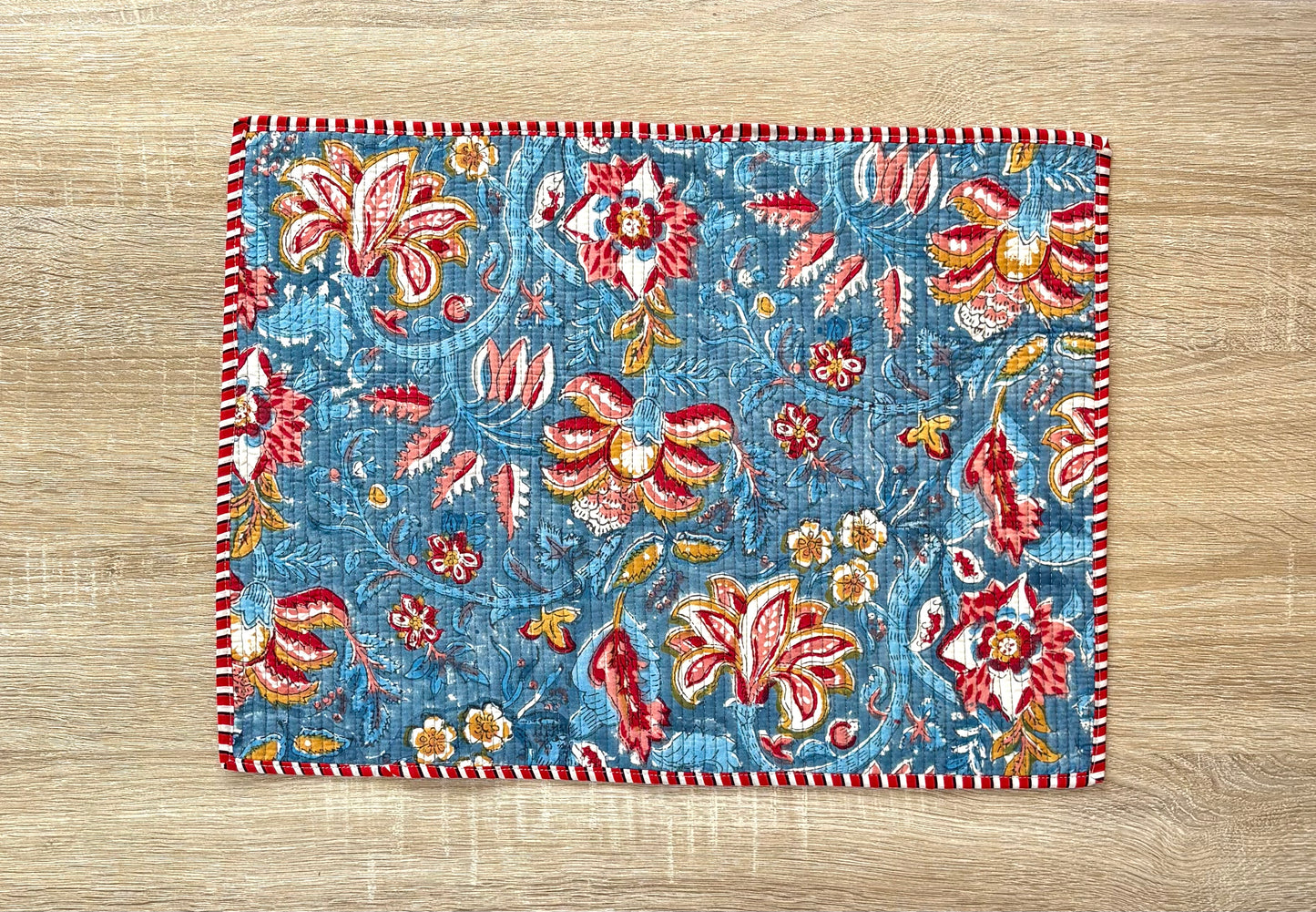 Azure Bloom - Block Printed, Reversible, Quilted Cotton Placemats