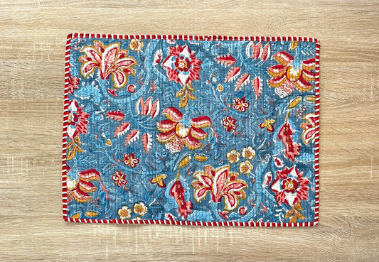 Azure Bloom - Block Printed, Reversible, Quilted Cotton Placemats