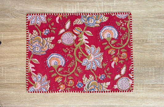 Scarlet Bloom - Block Printed, Reversible, Quilted Cotton Placemats