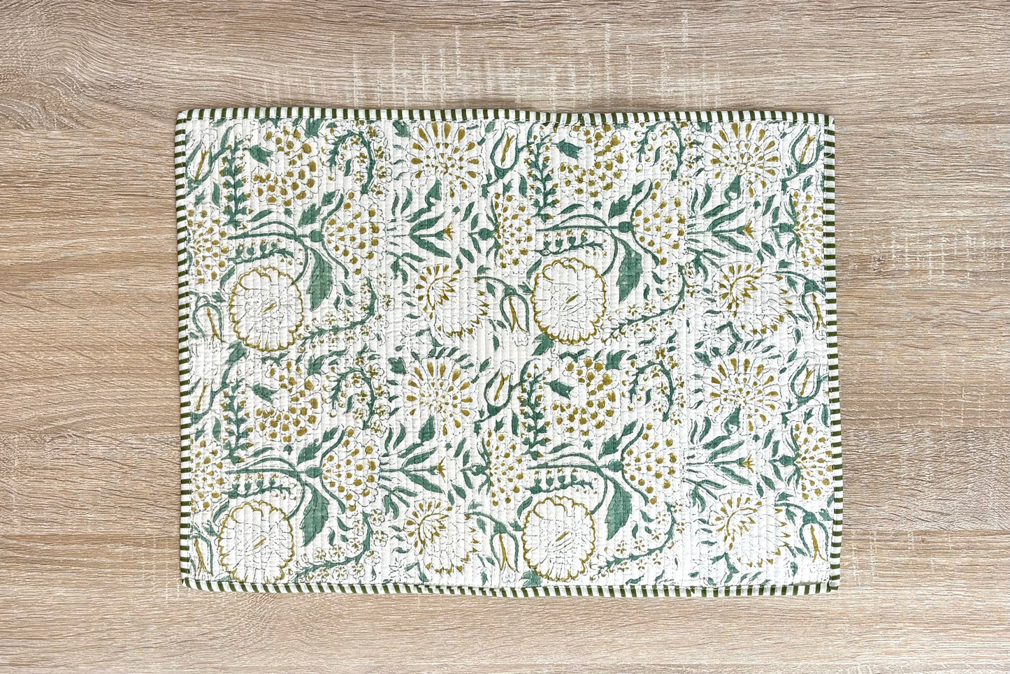 Lagoon Green - Block Printed, Reversible, Quilted Cotton Placemats