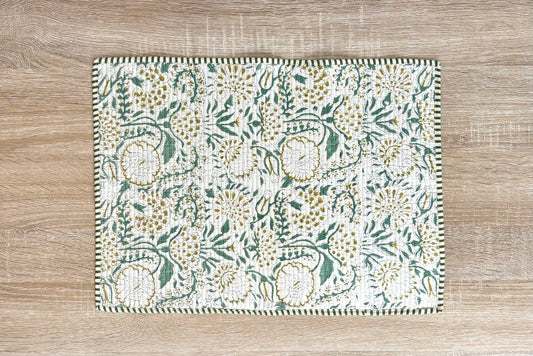Lagoon Green - Block Printed, Reversible, Quilted Cotton Placemats