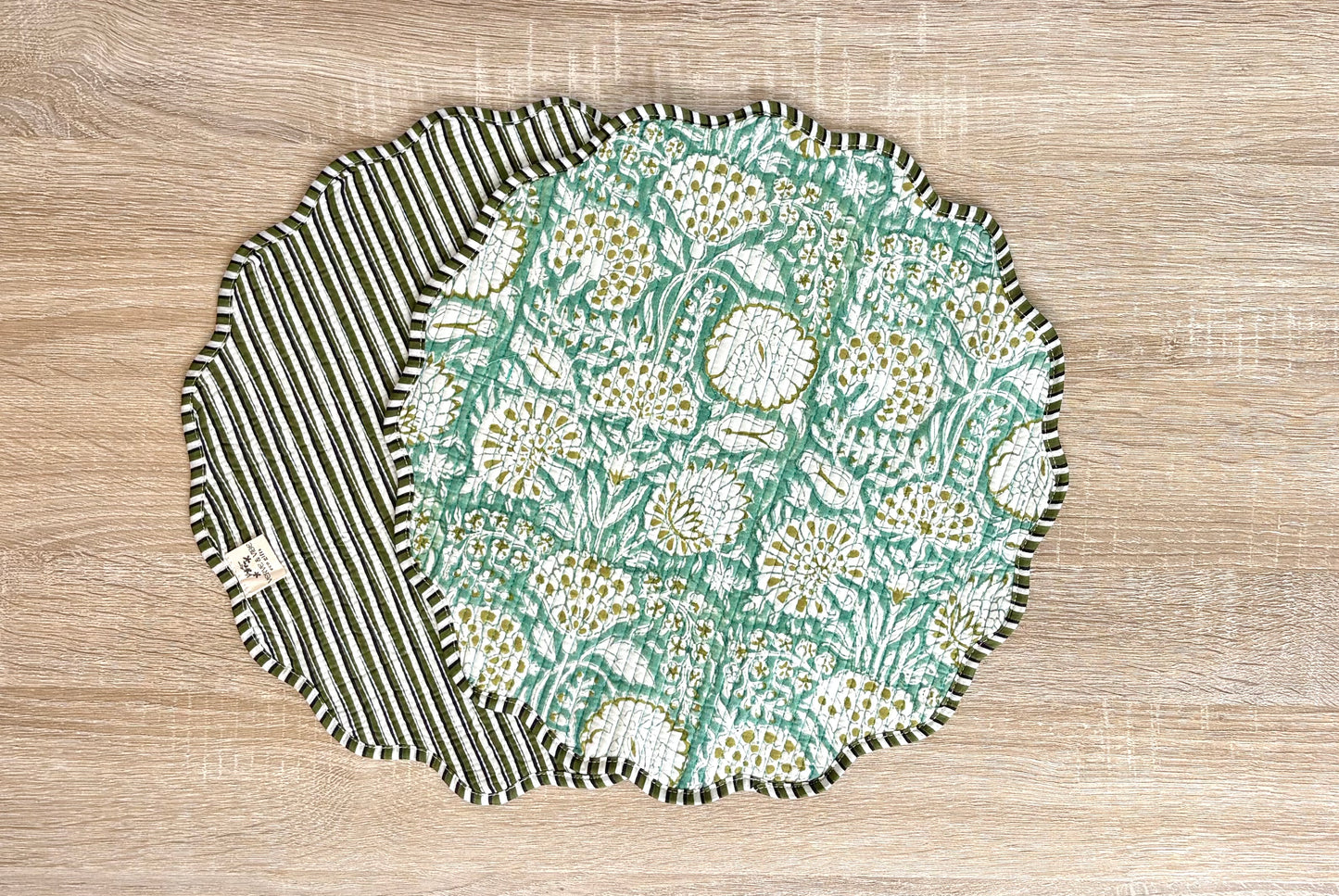 Seafoam Sage - Block Printed, Reversible, Quilted Cotton Placemats