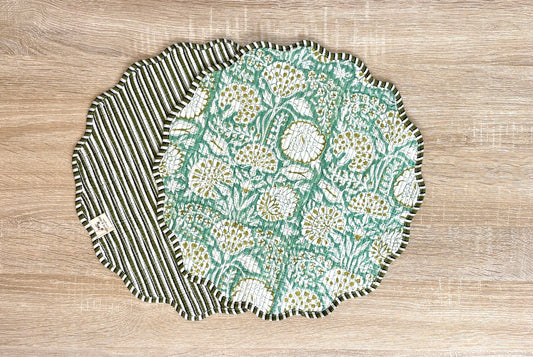 Seafoam Sage - Block Printed, Reversible, Quilted Cotton Placemats