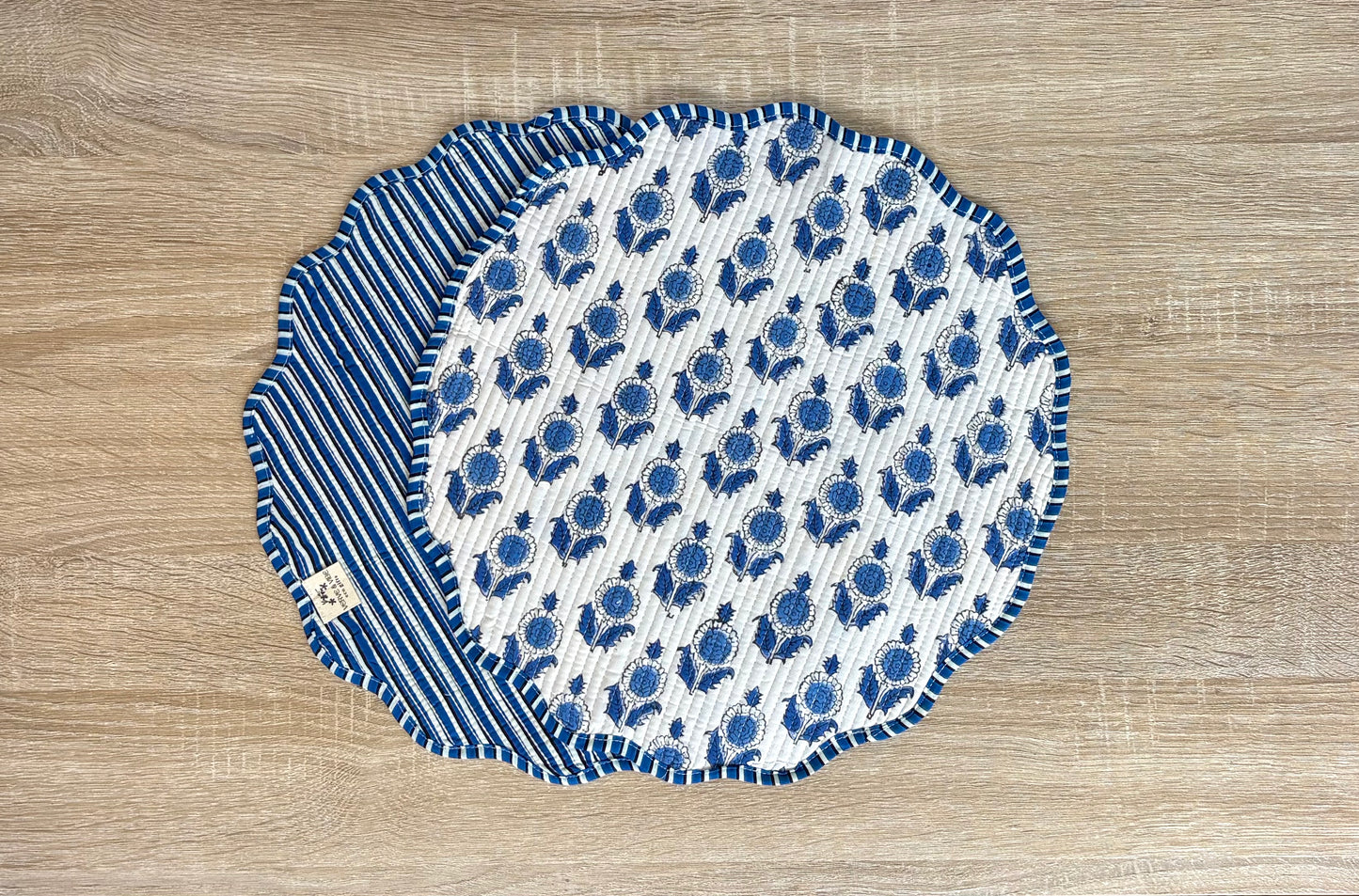 Crisp Indigo - Block Printed, Reversible, Quilted Cotton Placemats