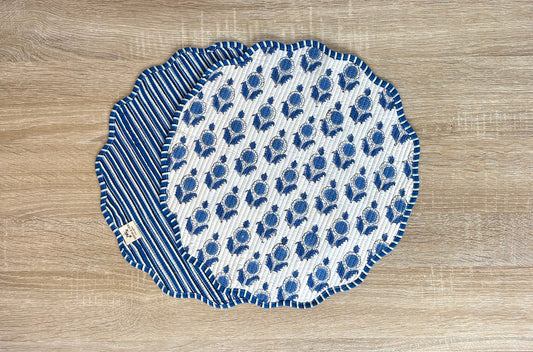 Crisp Indigo - Block Printed, Reversible, Quilted Cotton Placemats