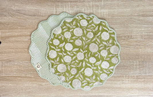 Lime Zest - Block Printed, Reversible, Quilted Cotton Placemats