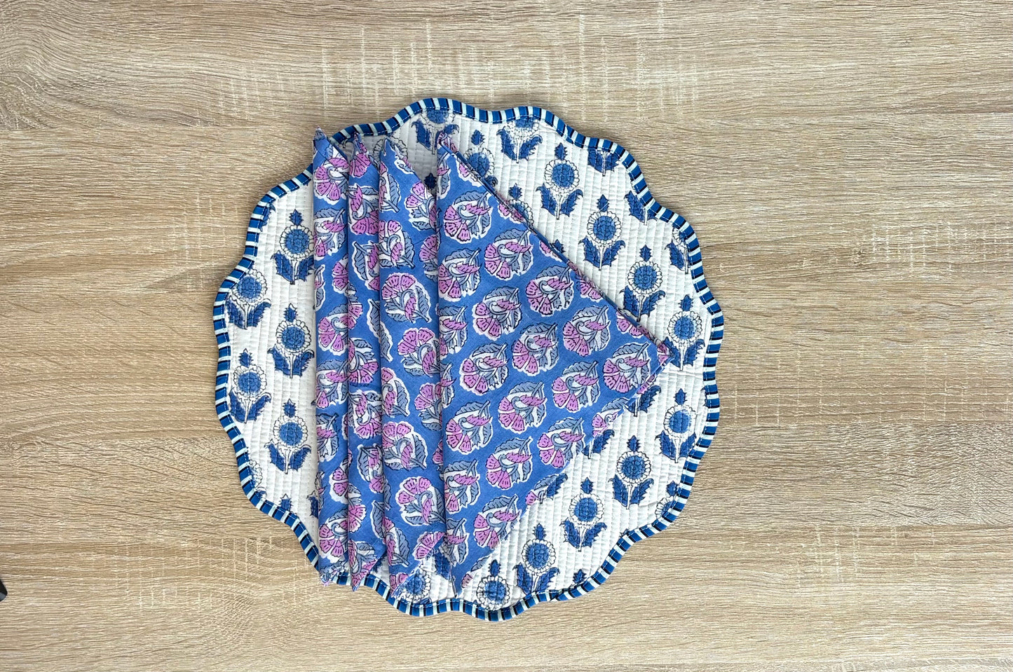 Crisp Indigo - Block Printed, Reversible, Quilted Cotton Placemats