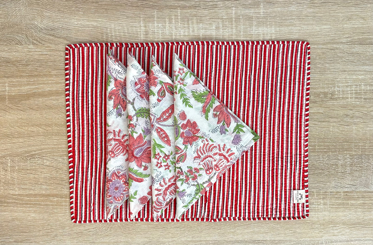 Scarlet Bloom - Block Printed, Reversible, Quilted Cotton Placemats
