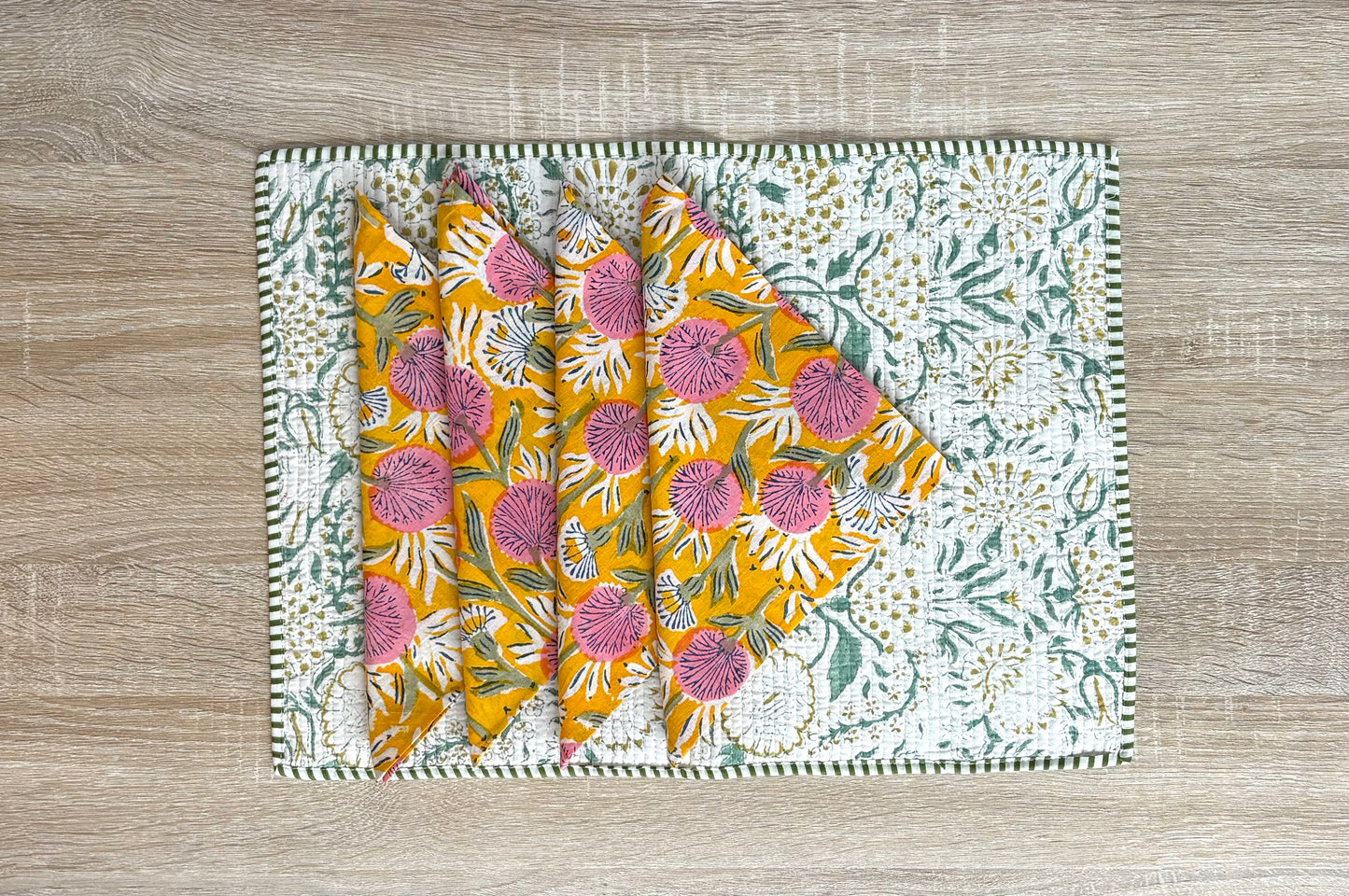 Lagoon Green - Block Printed, Reversible, Quilted Cotton Placemats