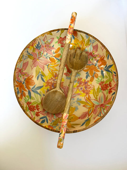 Floral Fiesta - Handmade Wooden Bowl with Matching Salad Server Set