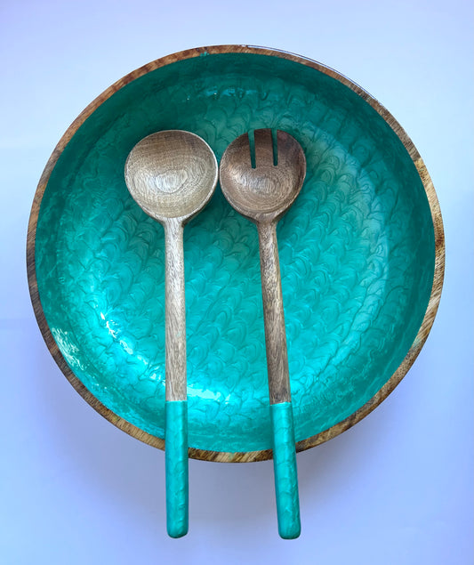 Turquoise Tide - Handmade Wooden Bowl with Matching Salad Server Set
