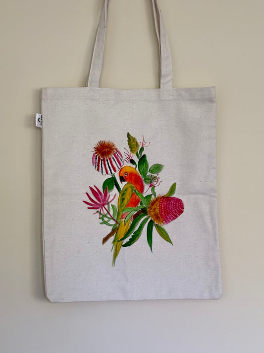 Perky Parrot on Banksia - Hand Painted Canvas Tote Bag