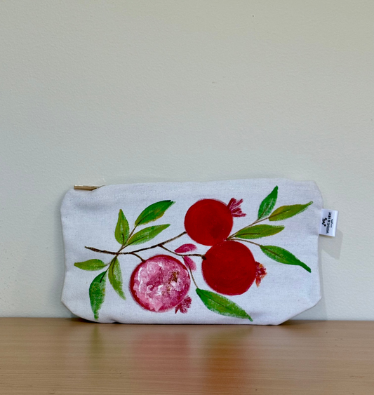 Peppy Parrot & Pomegranates - Hand Painted,Canvas Zippered Pouch