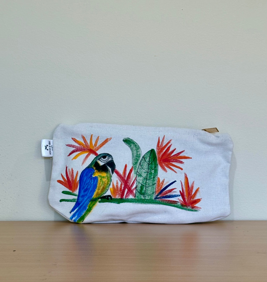 Parrot on Bird of Paradise - Hand Painted,Canvas Zippered Pouch