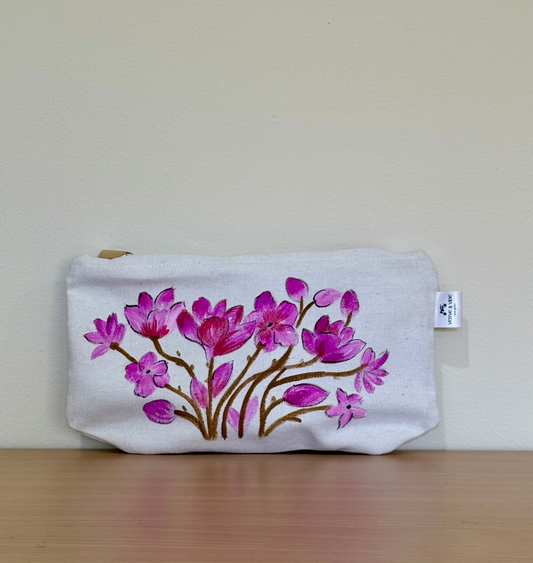Pink Magnolia Blooms - Hand Painted,Canvas Zippered Pouch