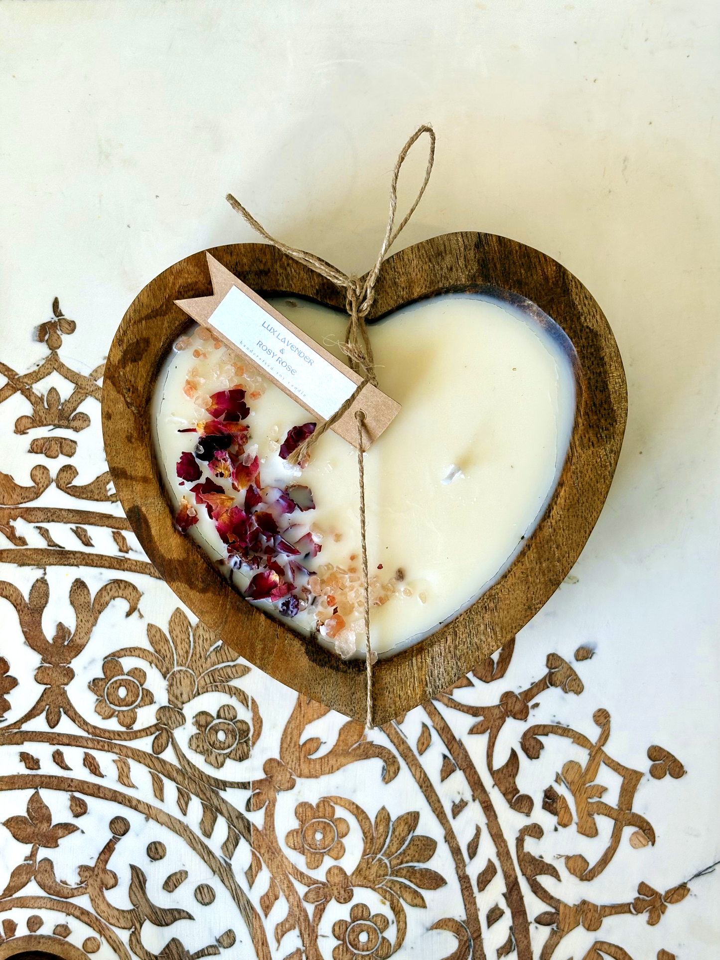 Luxe Wooden Heart Bowl, Soy Wax Candles - Infused with Essential Oils, 400g