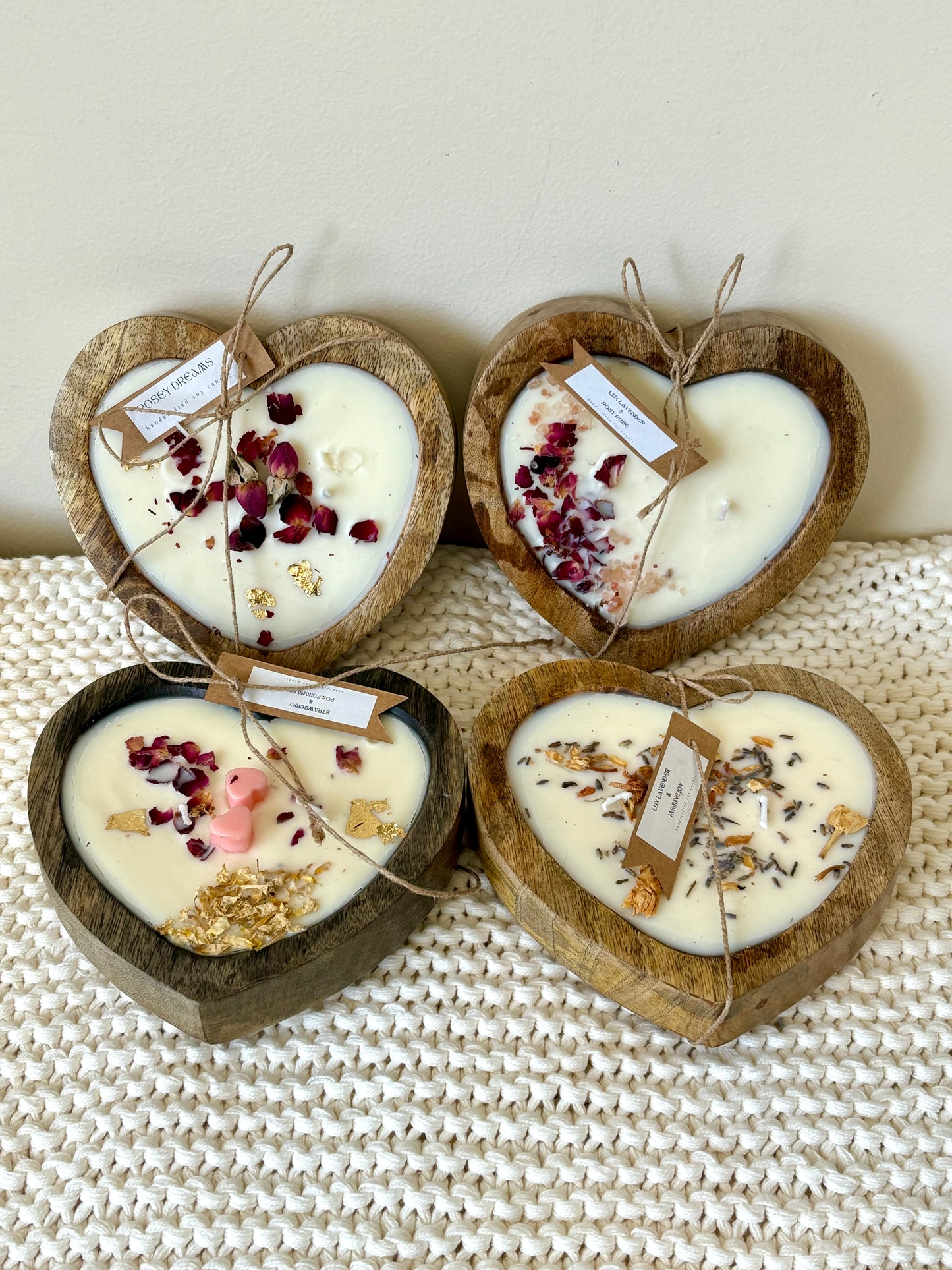 Luxe Wooden Heart Bowl, Soy Wax Candles - Infused with Essential Oils, 400g