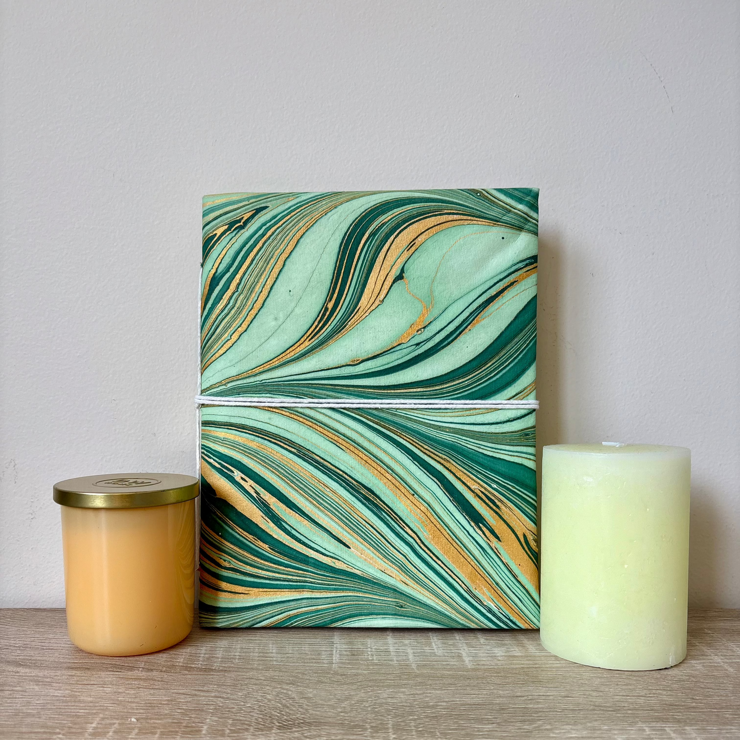 Wavy Verde - Marbled Cover and Flower Paper, Handmade Blank Journal