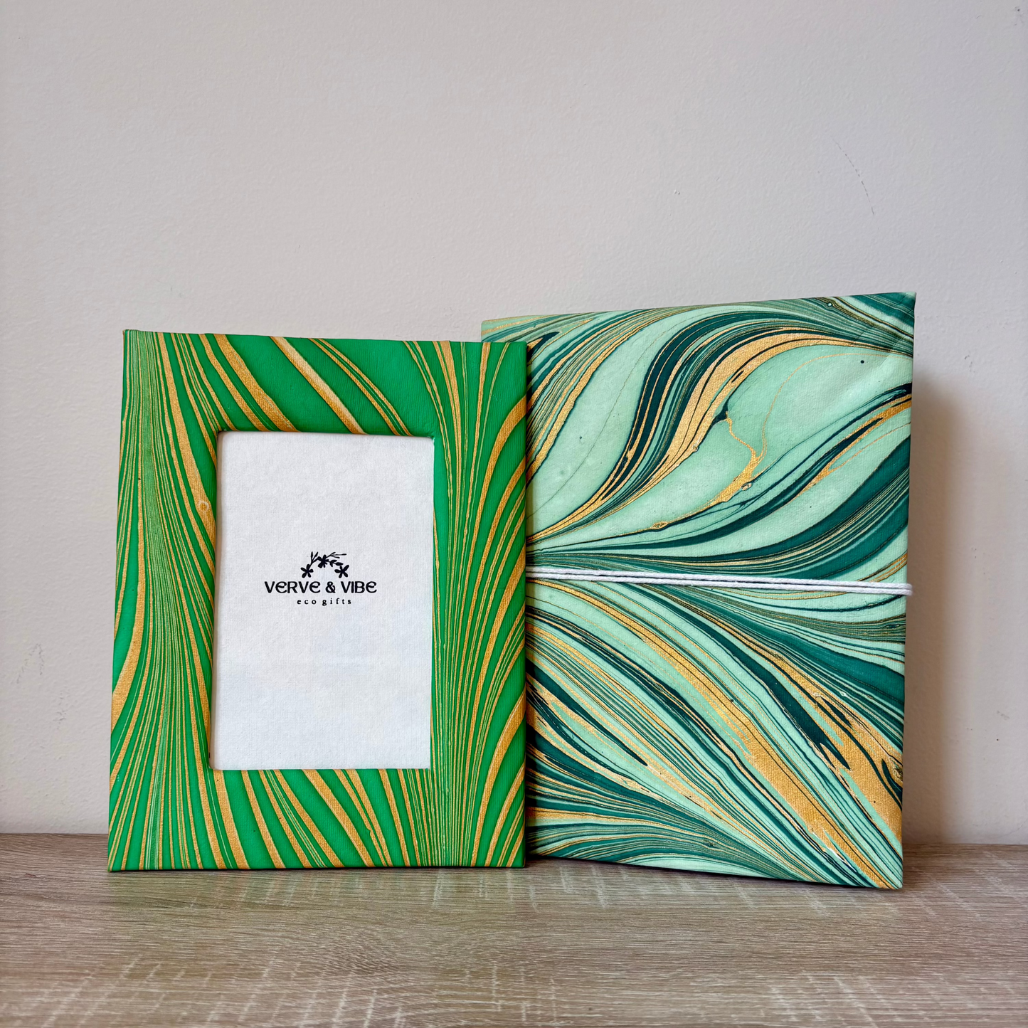 Wavy Verde - Marbled Cover and Flower Paper, Handmade Blank Journal