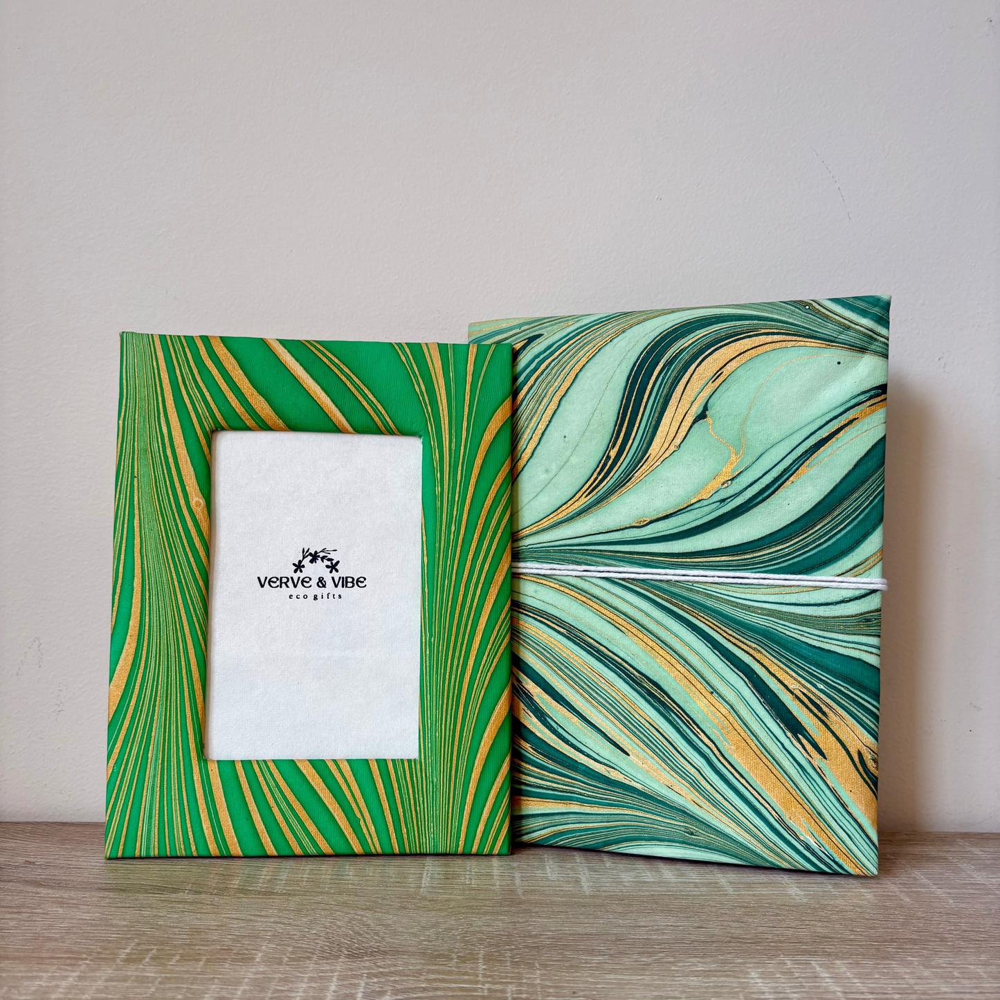 Green & Gold - Marbled and Recycled Paper Board Photo Frame