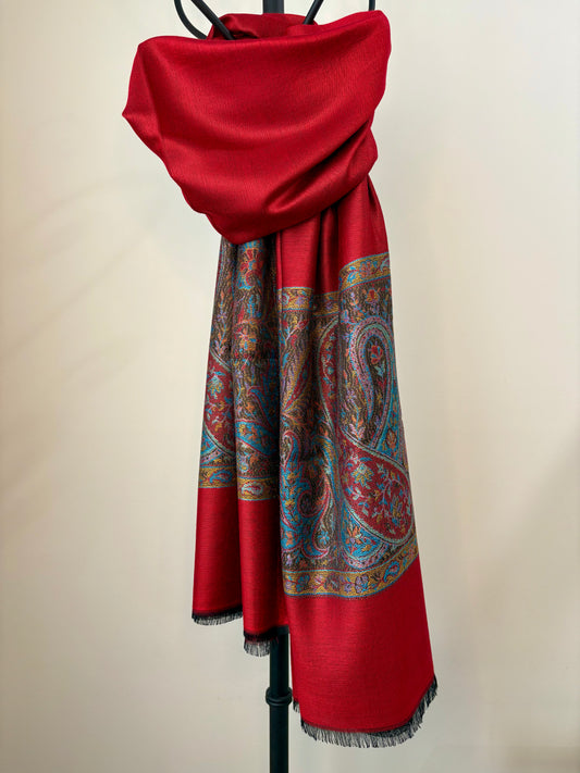 Paisley Motifs - Soft Wrap Shawl in Crimson Red with Intricate Jacquard Weave