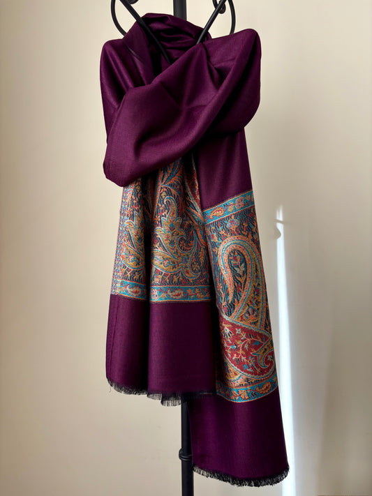 Paisley Motif - Soft Wrap Shawl in Plum Burgundy with Intricate Jacquard Weave