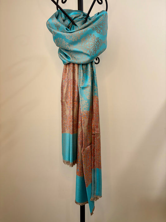 Poshkar Motif - Soft Wrap Shawl in Azure Blue & Beige with Intricate Jacquard Weave